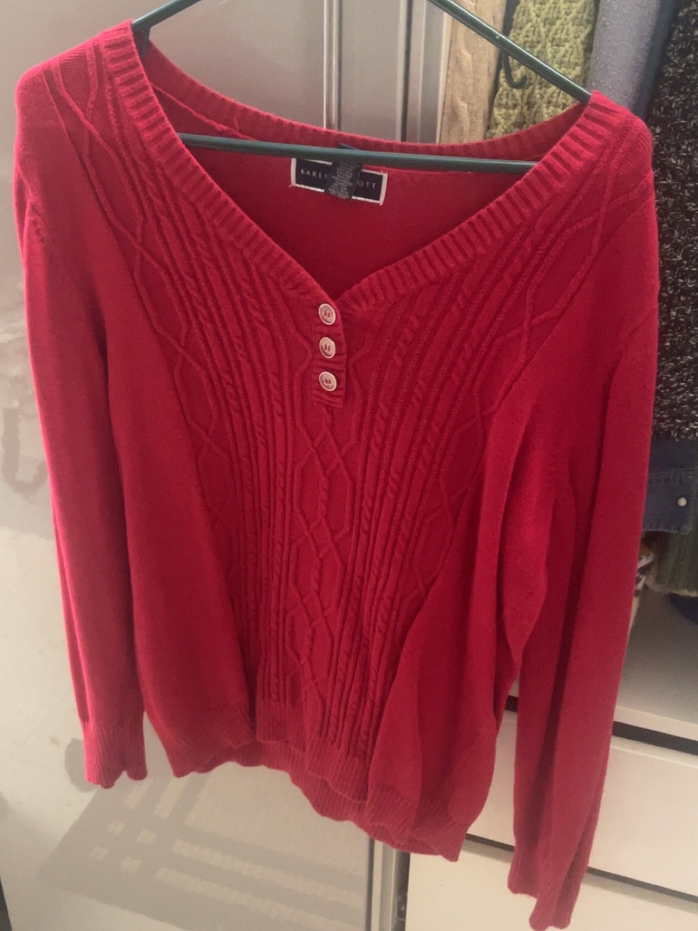 Karen Scott Red V-Neck Cable Knit Sweater with Button Placket
